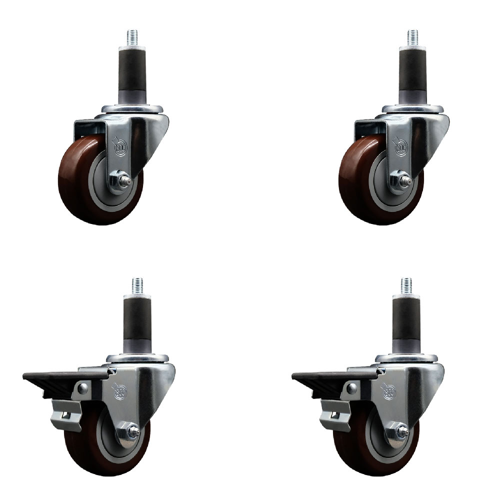 Polyurethane Swivel Expanding Stem Caster Set of 4 with 3 Inch Maroon Wheels and 1-1/4" Stems - Includes 2 with Posi Locking Brakes - 1200 lbs Total Capacity - Service Caster Brand — photo 1