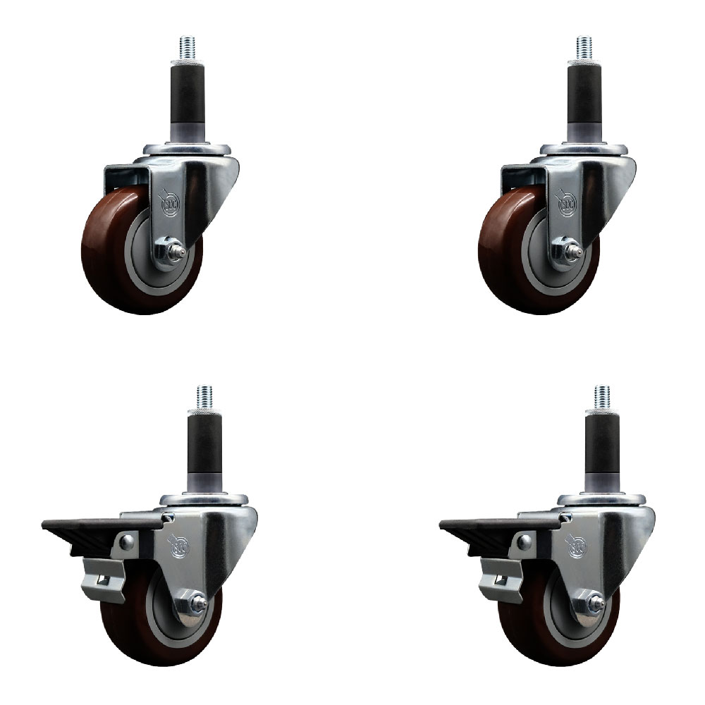 Polyurethane Swivel Expanding Stem Caster Set of 4 with 3 Inch Maroon Wheels and 1-1/8" Stems - Includes 2 with Posi Locking Brakes - 1200 lbs Total Capacity - Service Caster Brand — photo 1