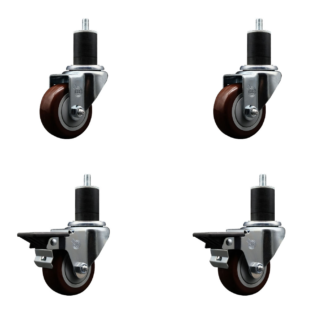 Polyurethane Swivel Expanding Stem Caster Set of 4 with 3 Inch Maroon Wheels and 1-3/4" Stems - Includes 2 with Posi Locking Brakes - 1200 lbs Total Capacity - Service Caster Brand — photo 1
