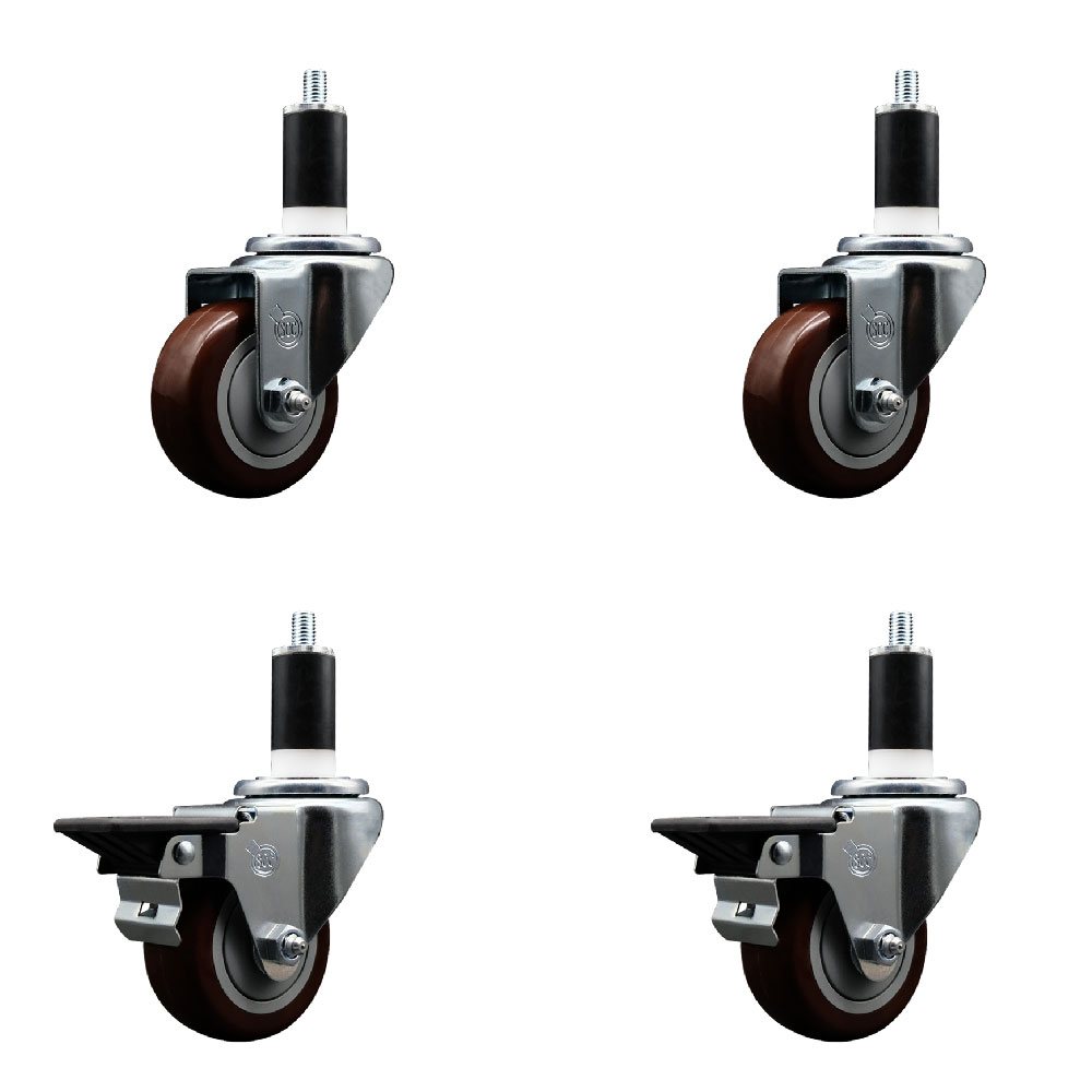 Polyurethane Swivel Expanding Stem Caster Set of 4 with 3 Inch Maroon Wheels and 1-3/8" Stems - Includes 2 with Posi Locking Brakes - 1200 lbs Total Capacity - Service Caster Brand — photo 1