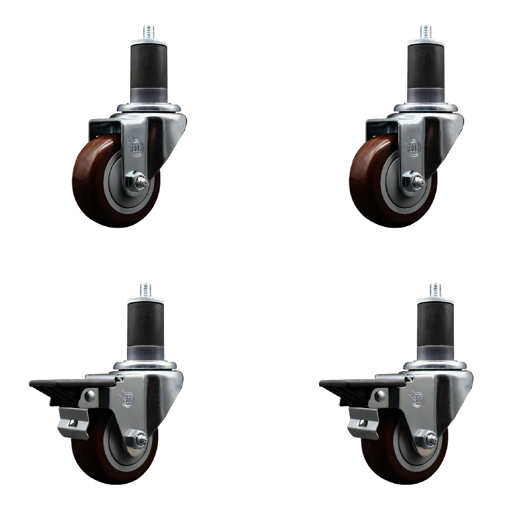 Polyurethane Swivel Expanding Stem Caster Set of 4 with 3 Inch Maroon Wheels and 1-5/8" Stems - Includes 2 with Posi Locking Brakes - 1200 lbs Total Capacity - Service Caster Brand — photo 1
