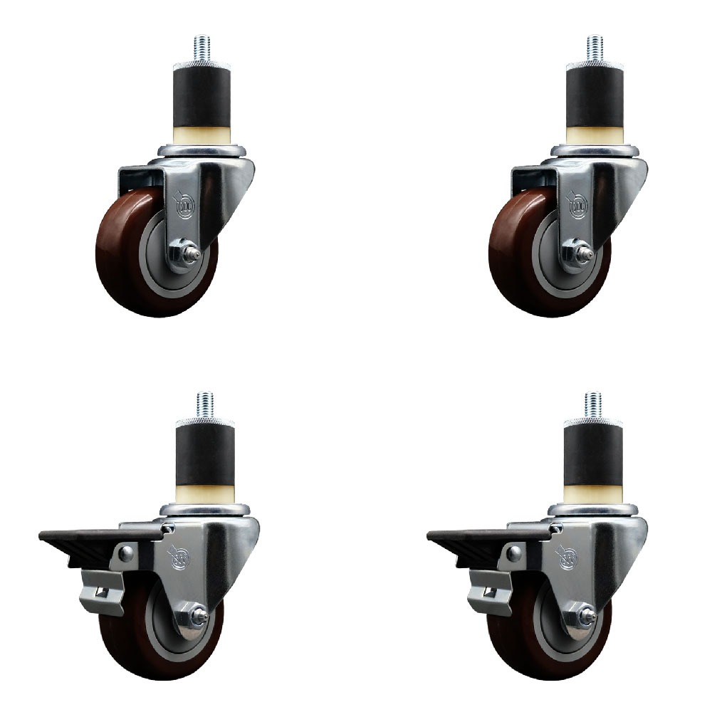 Polyurethane Swivel Expanding Stem Caster Set of 4 with 3 Inch Maroon Wheels and 1-7/8" Stems - Includes 2 with Posi Locking Brakes - 1200 lbs Total Capacity - Service Caster Brand — photo 1