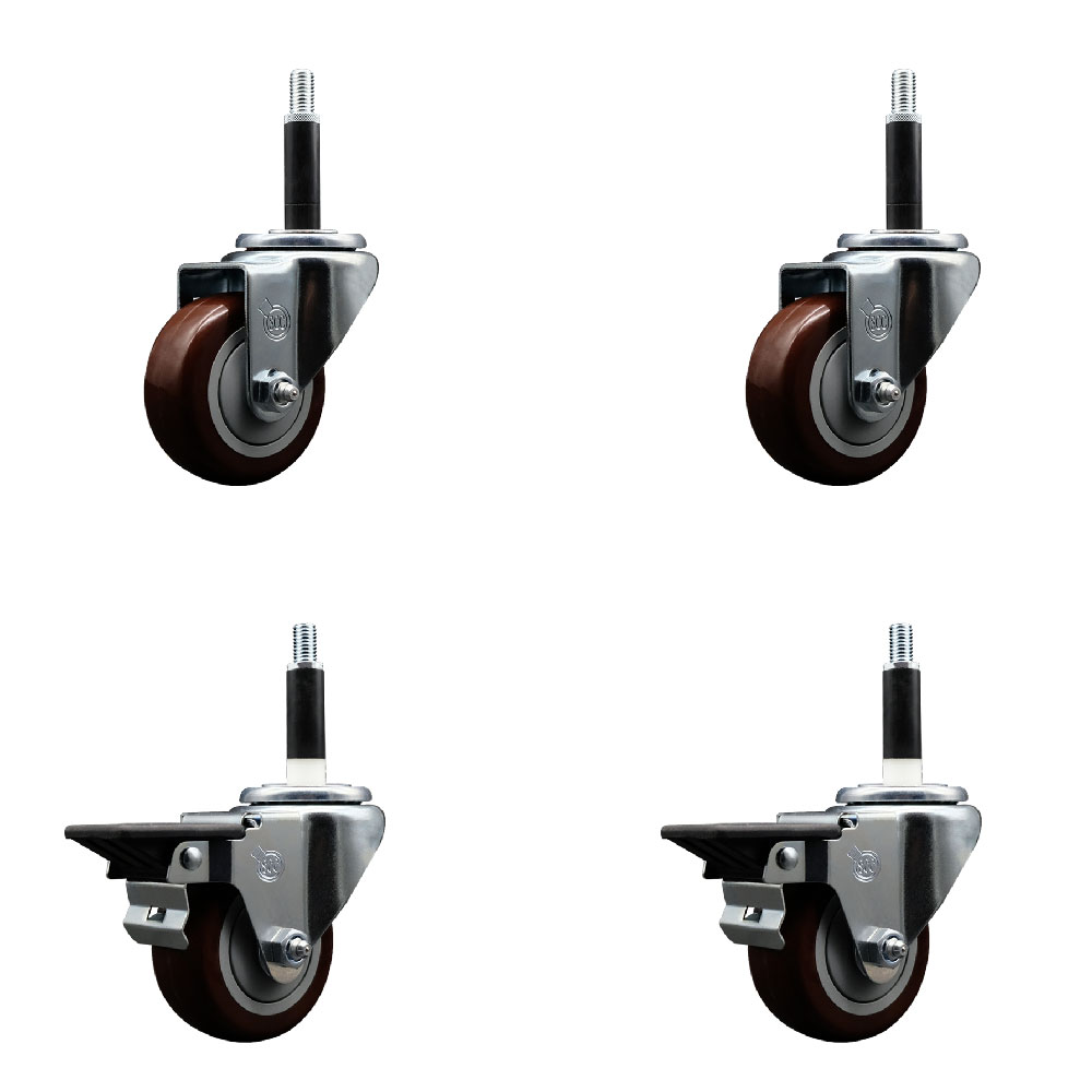 Polyurethane Swivel Expanding Stem Caster Set of 4 with 3 Inch Maroon Wheels and 3/4" Stems - Includes 2 with Posi Locking Brakes - 1200 lbs Total Capacity - Service Caster Brand — photo 1