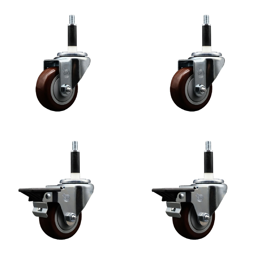Polyurethane Swivel Expanding Stem Caster Set of 4 with 3 Inch Maroon Wheels and 7/8" Stems - Includes 2 with Posi Locking Brakes - 1200 lbs Total Capacity - Service Caster Brand — photo 1