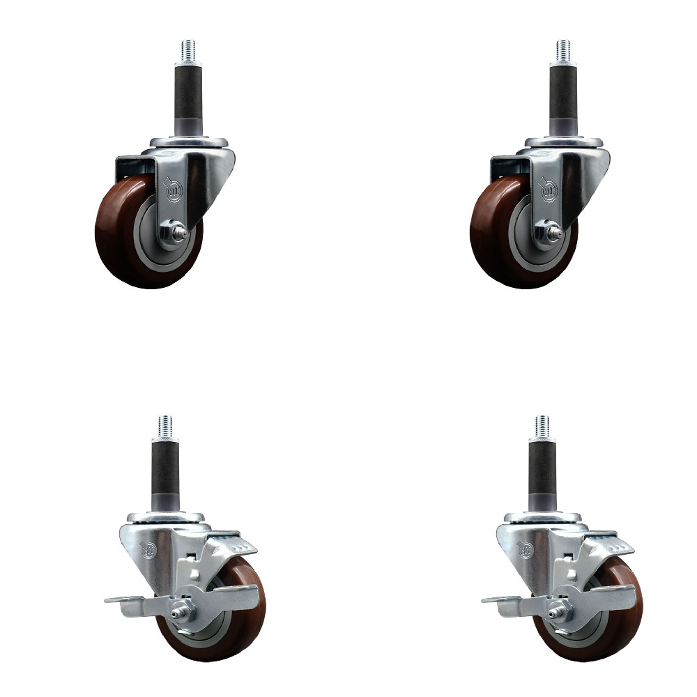Stainless Steel Polyurethane Swivel Expanding Stem Caster Set of 4 with 3 Inch Maroon Wheels and 1" Stems - Includes 2 with Top Locking Brakes - 1200 lbs Total Capacity - Service Caster Brand — photo 1