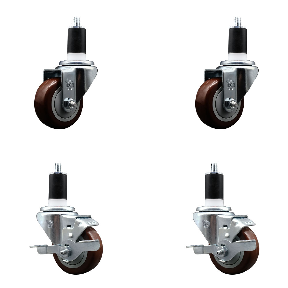 Polyurethane Swivel Expanding Stem Caster Set of 4 with 3 Inch Maroon Wheels and 1-1/2" Stems - Includes 2 with Top Locking Brakes - 1200 lbs Total Capacity - Service Caster Brand — photo 1