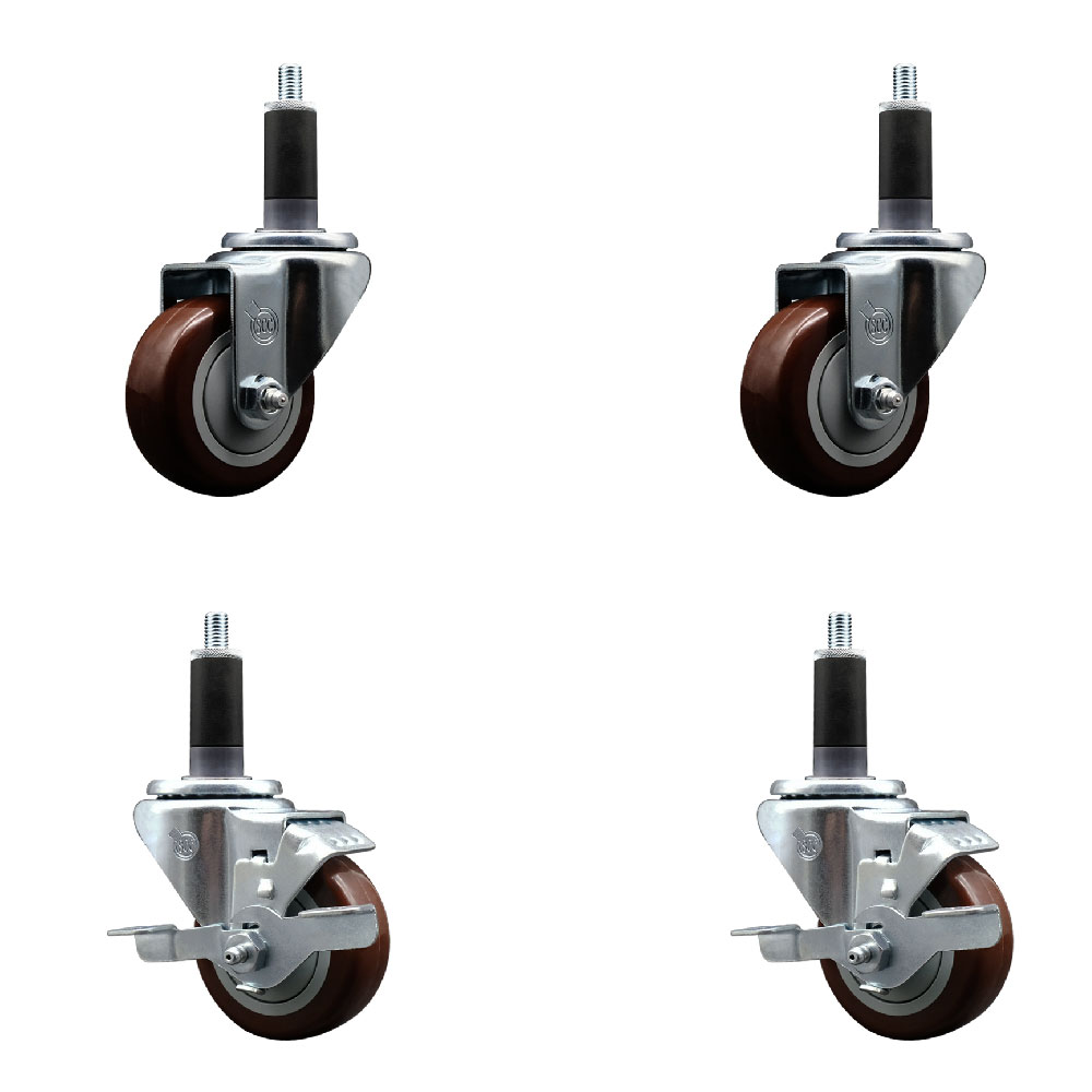Stainless Steel Polyurethane Swivel Expanding Stem Caster Set of 4 with 3 Inch Maroon Wheels and 1-1/8" Stems - Includes 2 with Top Locking Brakes - 1200 lbs Total Capacity - Service Caster Brand — photo 1