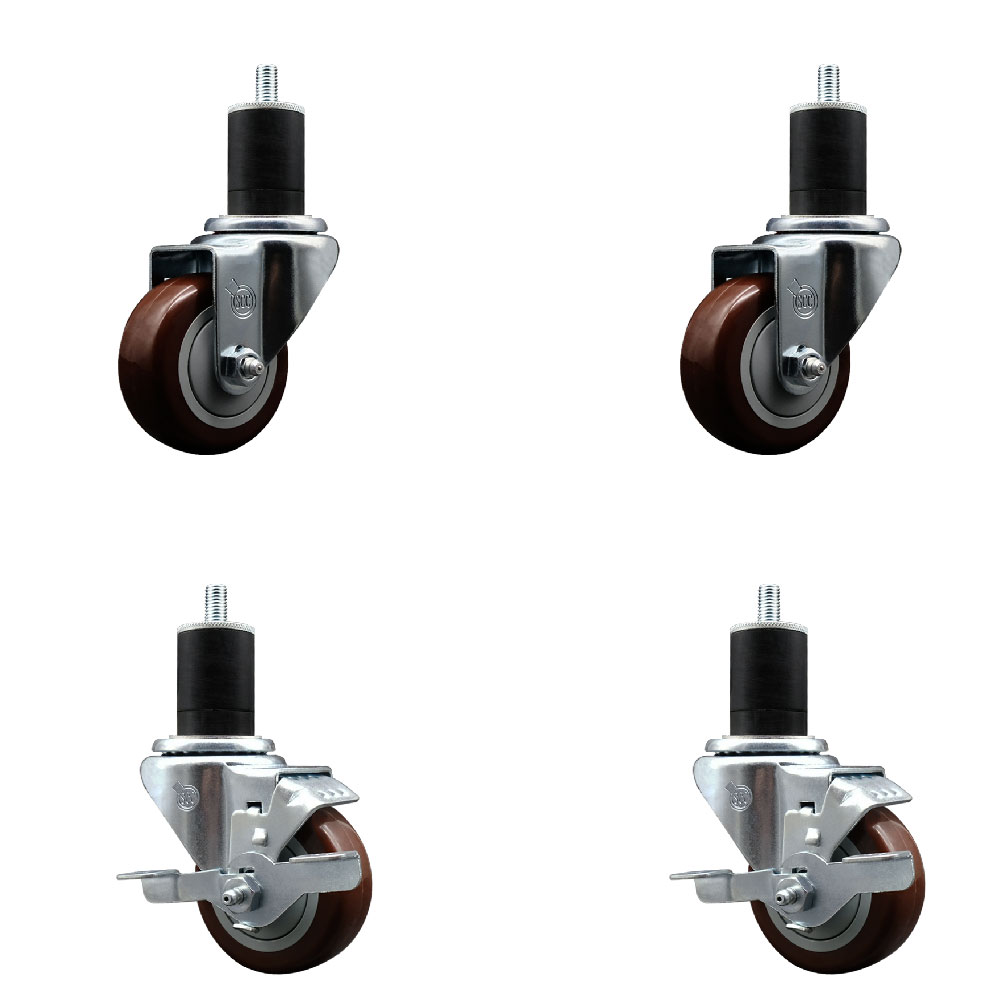 Stainless Steel Polyurethane Swivel Expanding Stem Caster Set of 4 with 3 Inch Maroon Wheels and 1-3/4" Stems - Includes 2 with Top Locking Brakes - 1200 lbs Total Capacity - Service Caster Brand — photo 1