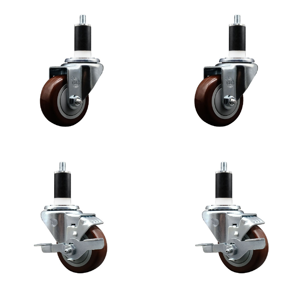 Polyurethane Swivel Expanding Stem Caster Set of 4 with 3 Inch Maroon Wheels and 1-3/8" Stems - Includes 2 with Top Locking Brakes - 1200 lbs Total Capacity - Service Caster Brand — photo 1