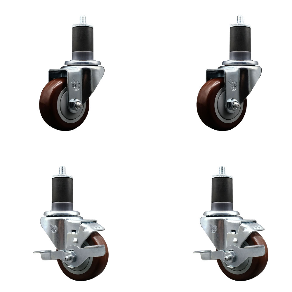 Polyurethane Swivel Expanding Stem Caster Set of 4 with 3 Inch Maroon Wheels and 1-5/8" Stems - Includes 2 with Top Locking Brakes - 1200 lbs Total Capacity - Service Caster Brand — photo 1