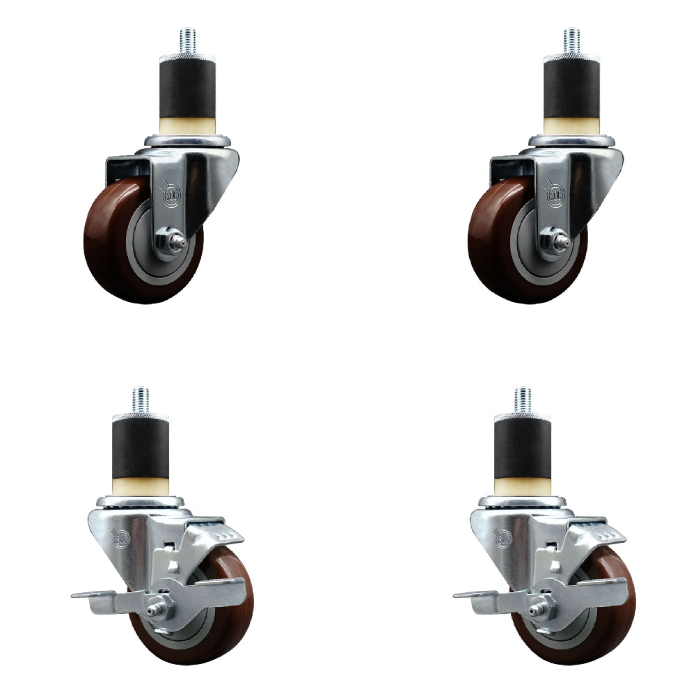 Polyurethane Swivel Expanding Stem Caster Set of 4 with 3 Inch Maroon Wheels and 1-7/8" Stems - Includes 2 with Top Locking Brakes - 1200 lbs Total Capacity - Service Caster Brand — photo 1