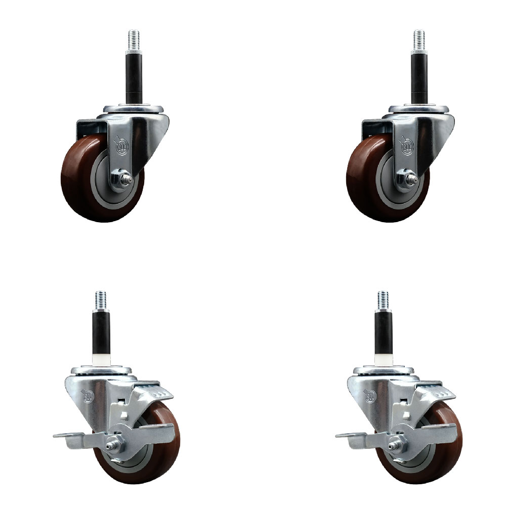Polyurethane Swivel Expanding Stem Caster Set of 4 with 3 Inch Maroon Wheels and 3/4" Stems - Includes 2 with Top Locking Brakes - 1200 lbs Total Capacity - Service Caster Brand — photo 1