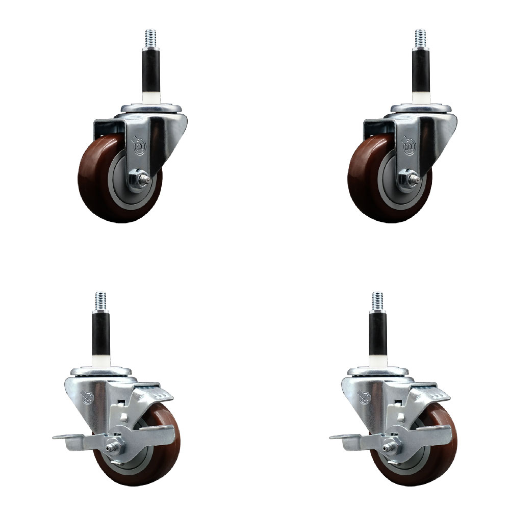 Stainless Steel Polyurethane Swivel Expanding Stem Caster Set of 4 with 3 Inch Maroon Wheels and 7/8" Stems - Includes 2 with Top Locking Brakes - 1200 lbs Total Capacity - Service Caster Brand — photo 1