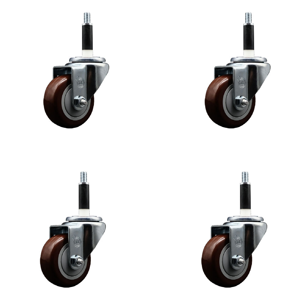 Polyurethane Swivel Expanding Stem Caster Set of 4 with 3 Inch Maroon Wheels and 7/8" Stems - 300 lbs. Capacity Per Caster - Service Caster Brand — photo 1