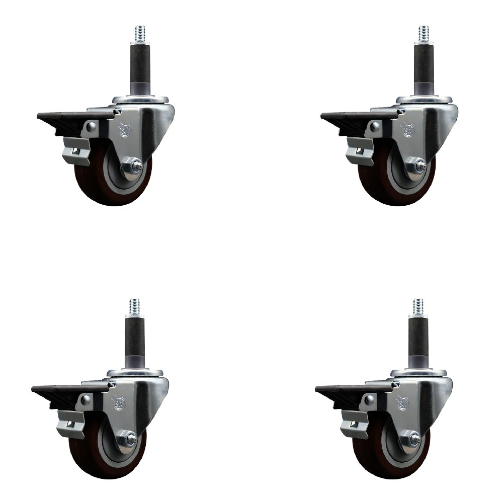 Polyurethane Swivel Expanding Stem Caster Set of 4 with 3 Inch Maroon Wheels and 1" Stems - Includes 4 Swivel with Posi Locking Brakes - 300 lbs. Capacity Per Caster - Service Caster Brand — photo 1