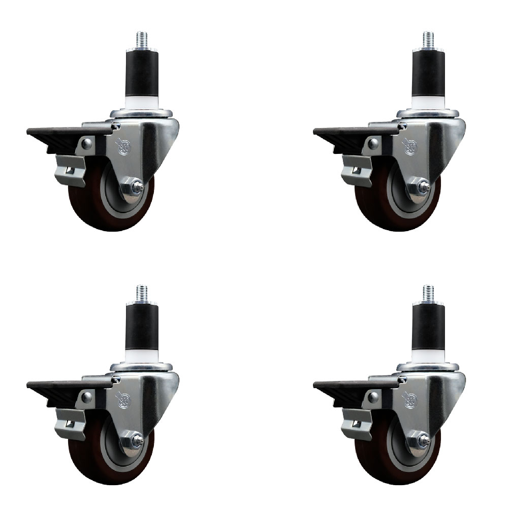 Polyurethane Swivel Expanding Stem Caster Set of 4 with 3 Inch Maroon Wheels and 1-1/2" Stems - Includes 4 Swivel with Posi Locking Brakes - 300 lbs. Capacity Per Caster - Service Caster Brand — photo 1