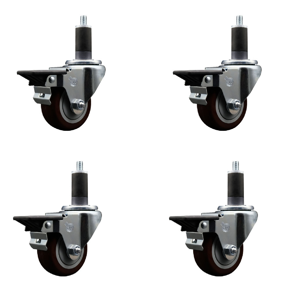 Polyurethane Swivel Expanding Stem Caster Set of 4 with 3 Inch Maroon Wheels and 1-1/4" Stems - Includes 4 Swivel with Posi Locking Brakes - 300 lbs. Capacity Per Caster - Service Caster Brand — photo 1