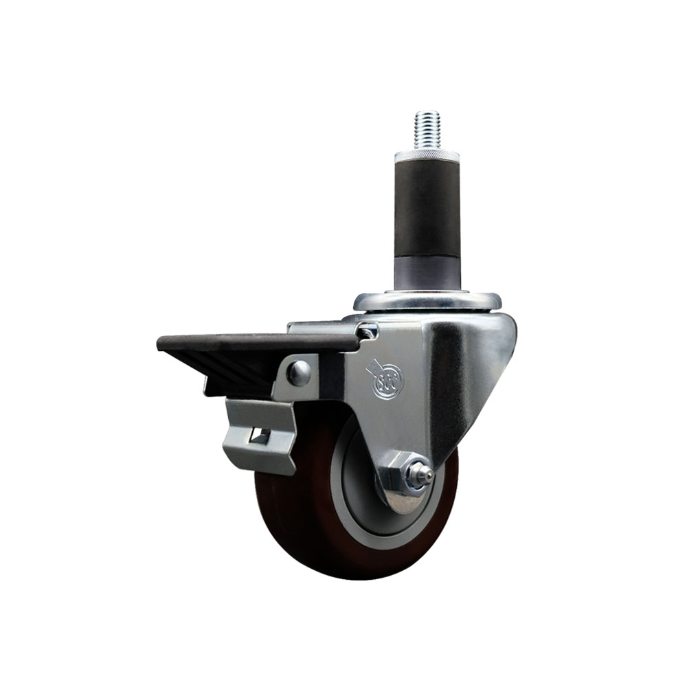 Polyurethane Expanding Stem Swivel Caster with 3 Inch Maroon Wheel and 1-1/4" Stem & Posi Locking Brake - 300 lbs. Capacity Per Caster - Service Caster Brand — photo 1