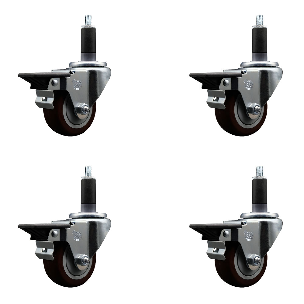 Polyurethane Swivel Expanding Stem Caster Set of 4 with 3 Inch Maroon Wheels and 1-1/8" Stems - Includes 4 Swivel with Posi Locking Brakes - 300 lbs. Capacity Per Caster - Service Caster Brand — photo 1