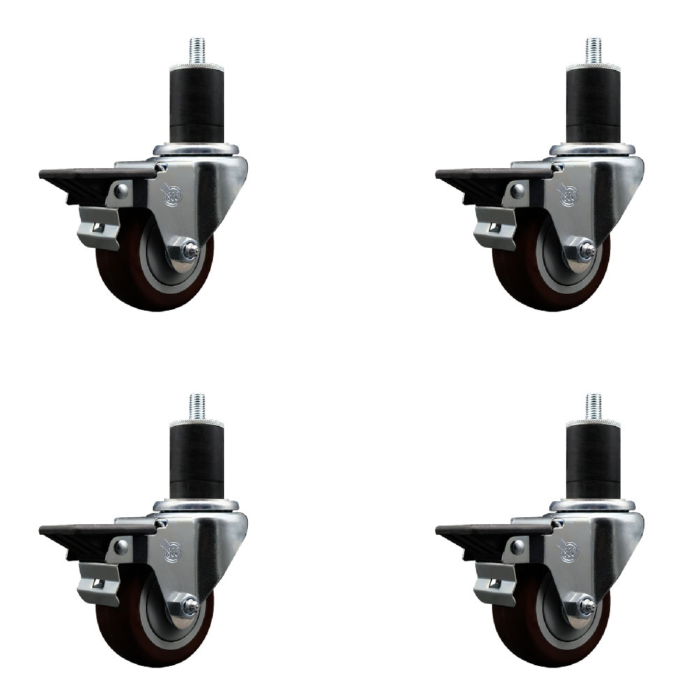 Polyurethane Swivel Expanding Stem Caster Set of 4 with 3 Inch Maroon Wheels and 1-3/4" Stems - Includes 4 Swivel with Posi Locking Brakes - 300 lbs. Capacity Per Caster - Service Caster Brand — photo 1