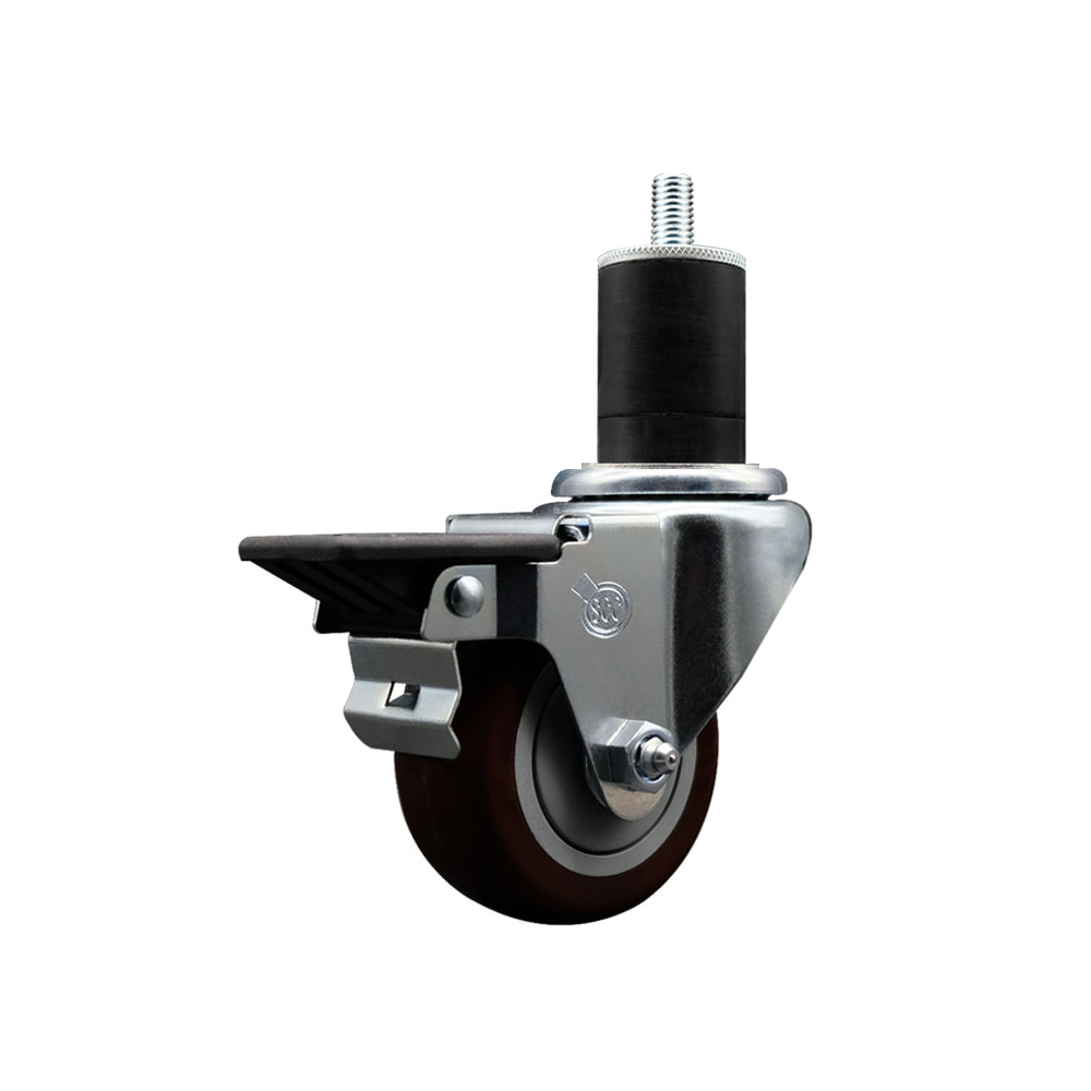 Polyurethane Expanding Stem Swivel Caster with 3 Inch Maroon Wheel and 1-3/4" Stem & Posi Locking Brake - 300 lbs. Capacity Per Caster - Service Caster Brand — photo 1