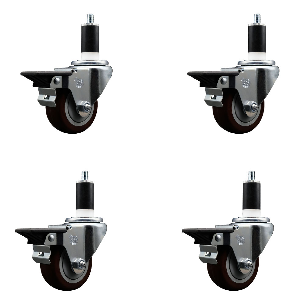 Polyurethane Swivel Expanding Stem Caster Set of 4 with 3 Inch Maroon Wheels and 1-3/8" Stems - Includes 4 Swivel with Posi Locking Brakes - 300 lbs. Capacity Per Caster - Service Caster Brand — photo 1