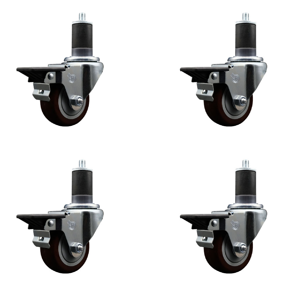 Polyurethane Swivel Expanding Stem Caster Set of 4 with 3 Inch Maroon Wheels and 1-5/8" Stems - Includes 4 Swivel with Posi Locking Brakes - 300 lbs. Capacity Per Caster - Service Caster Brand — photo 1