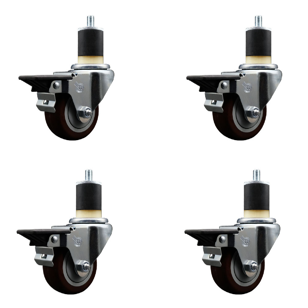 Polyurethane Swivel Expanding Stem Caster Set of 4 with 3 Inch Maroon Wheels and 1-7/8" Stems - Includes 4 Swivel with Posi Locking Brakes - 300 lbs. Capacity Per Caster - Service Caster Brand — photo 1