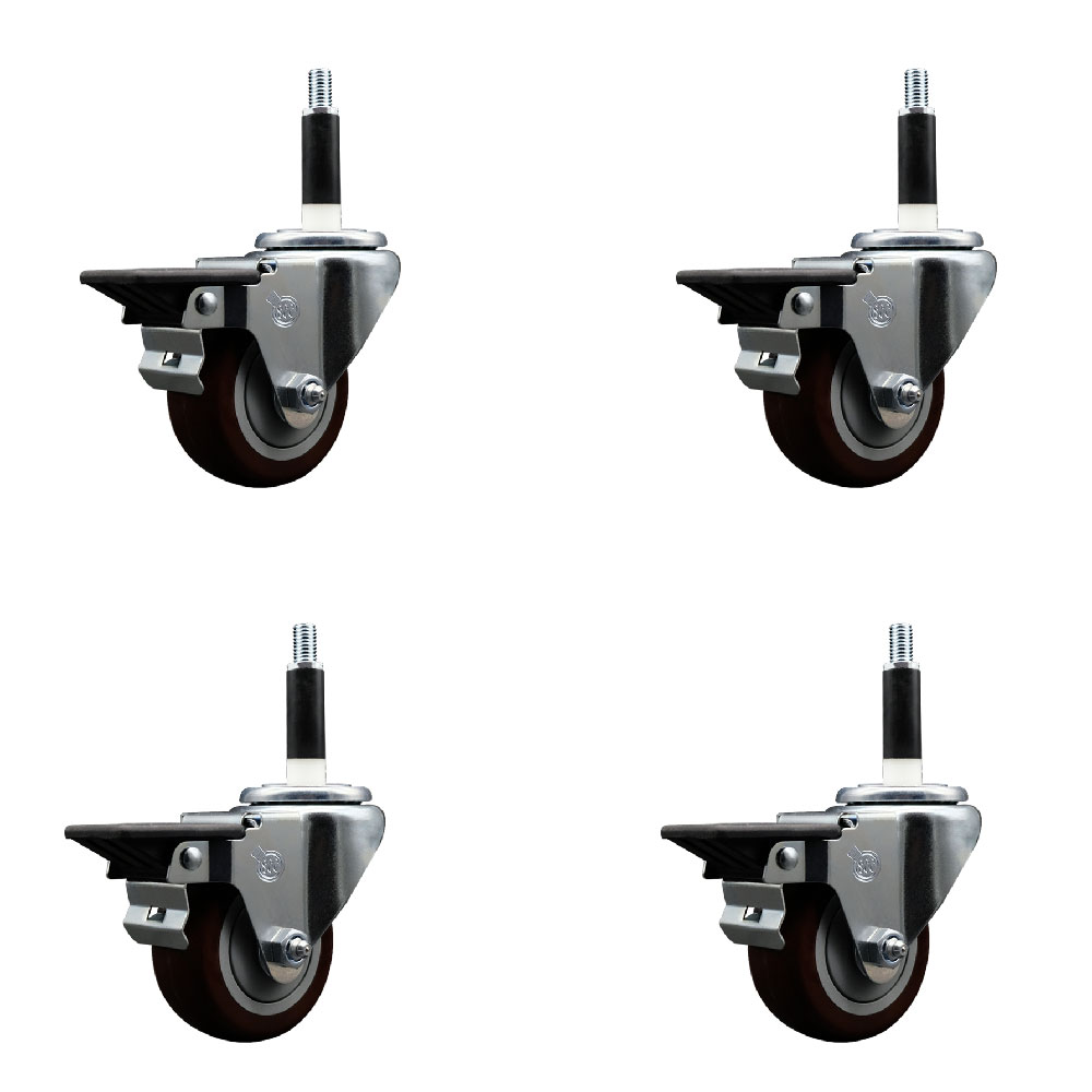 Polyurethane Swivel Expanding Stem Caster Set of 4 with 3 Inch Maroon Wheels and 3/4" Stems - Includes 4 Swivel with Posi Locking Brakes - 300 lbs. Capacity Per Caster - Service Caster Brand — photo 1