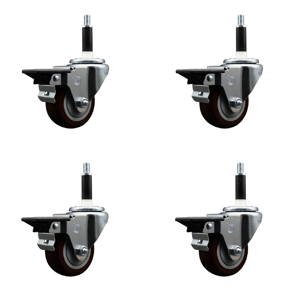 Polyurethane Swivel Expanding Stem Caster Set of 4 with 3 Inch Maroon Wheels and 7/8" Stems - Includes 4 Swivel with Posi Locking Brakes - 300 lbs. Capacity Per Caster - Service Caster Brand — photo 1