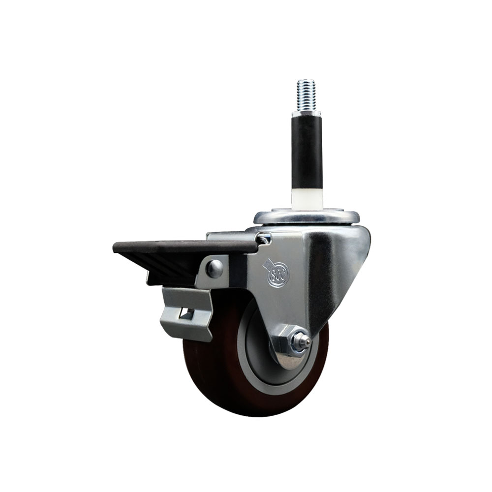 Polyurethane Expanding Stem Swivel Caster with 3 Inch Maroon Wheel and 7/8" Stem & Posi Locking Brake - 300 lbs. Capacity Per Caster - Service Caster Brand — photo 1