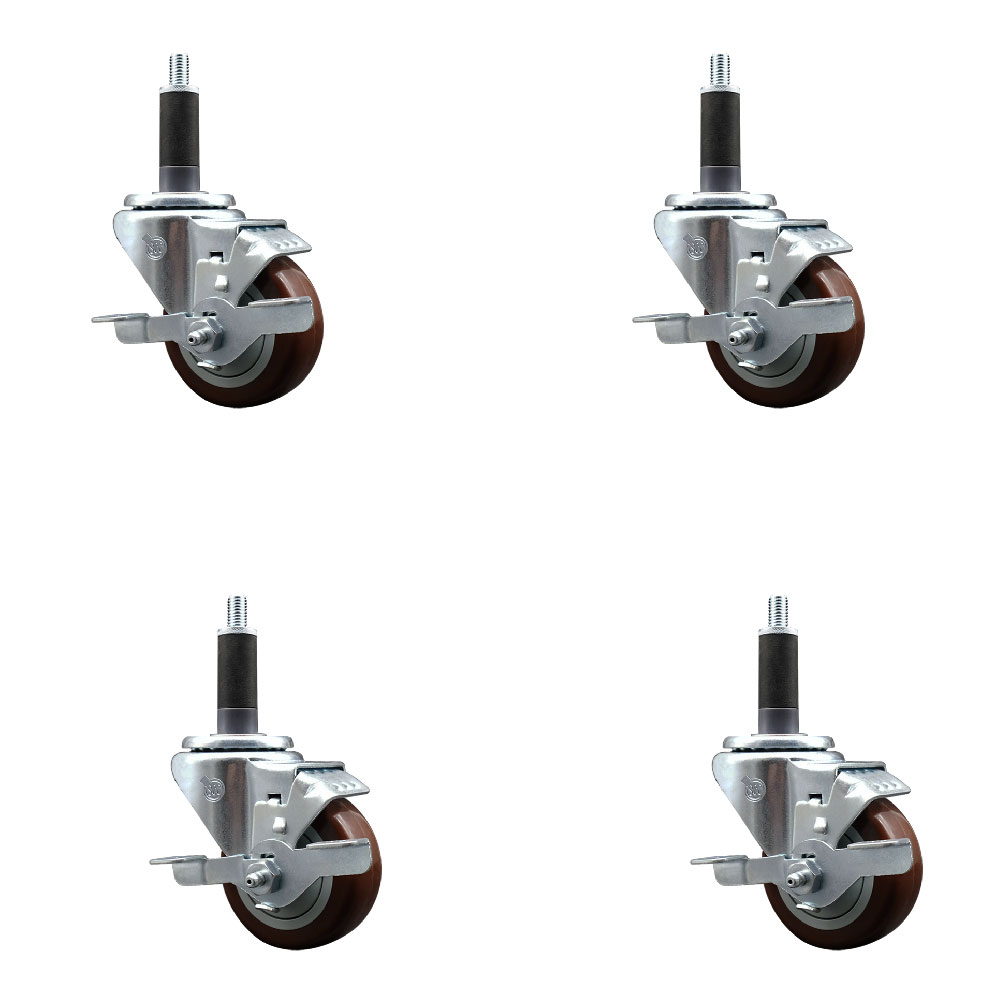 Polyurethane Swivel Expanding Stem Caster Set of 4 with 3 Inch Maroon Wheels and 1" Stems - Includes 4 Swivel with Top Locking Brakes - 300 lbs. Capacity Per Caster - Service Caster Brand — photo 1