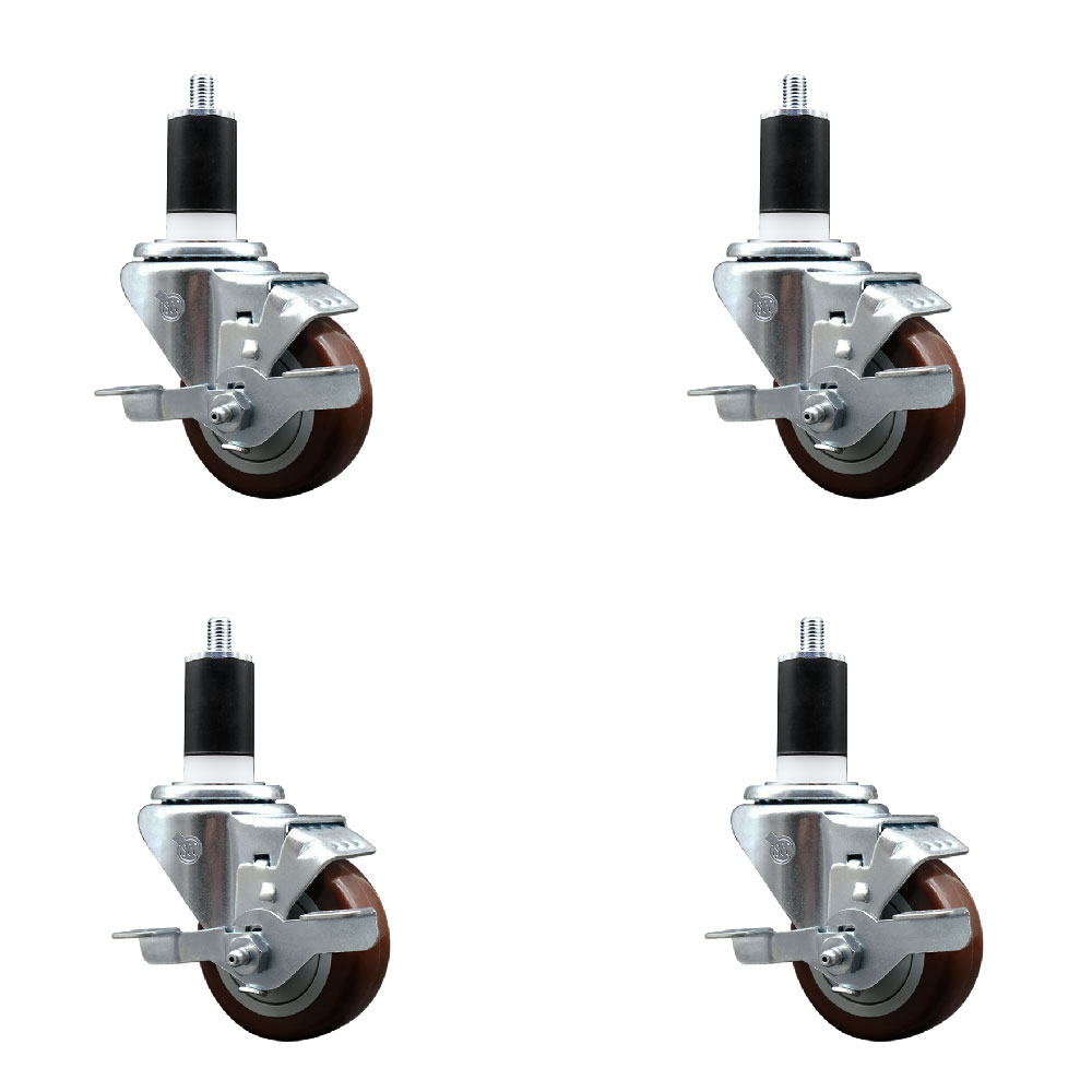 Stainless Steel Polyurethane Swivel Expanding Stem Caster Set of 4 with 3 Inch Maroon Wheels and 1-1/2" Stems - 4 Swivel with Top Locking Brakes - 300 lbs. Capacity Per Caster - Service Caster Brand — photo 1