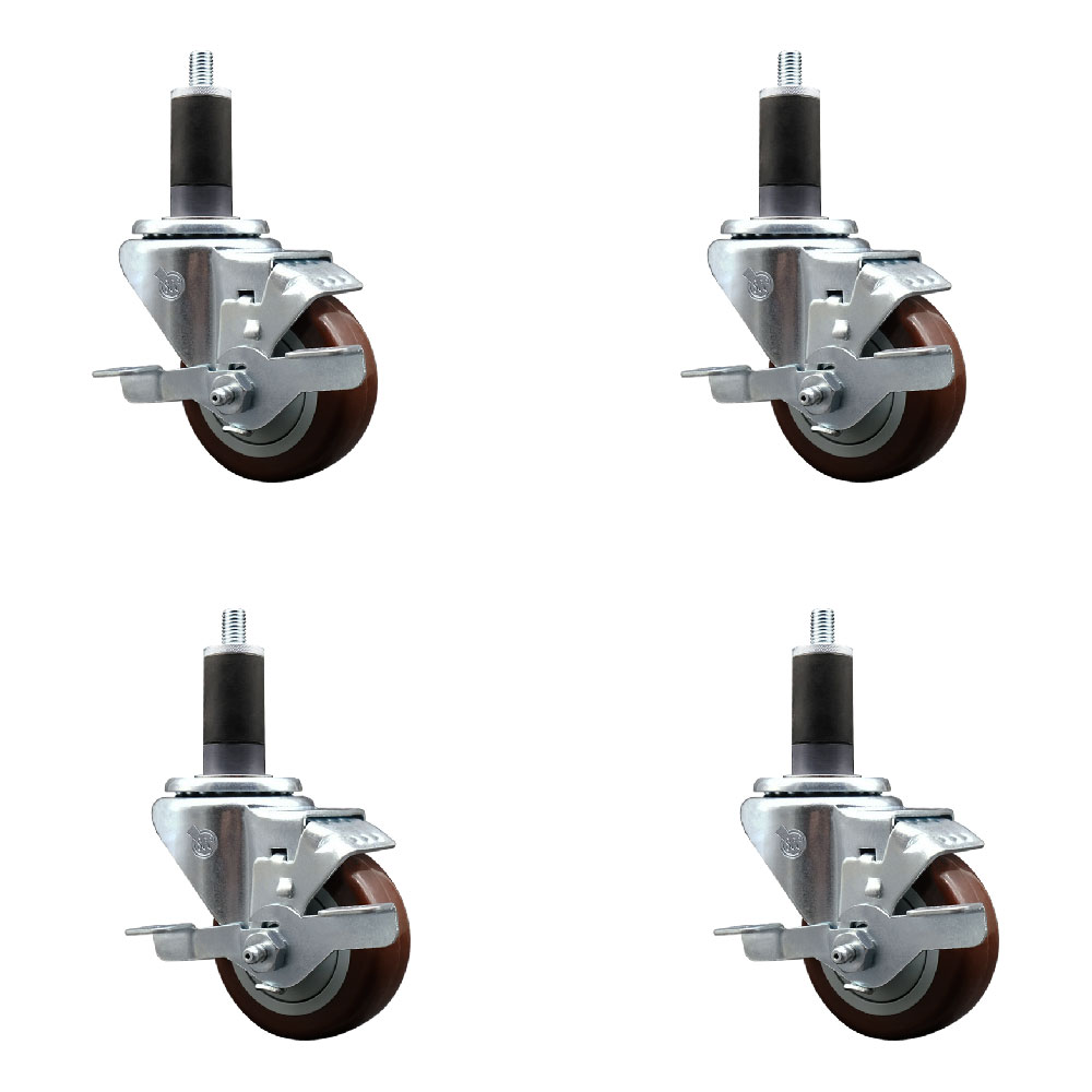 Polyurethane Swivel Expanding Stem Caster Set of 4 with 3 Inch Maroon Wheels and 1-1/4" Stems - Includes 4 Swivel with Top Locking Brakes - 300 lbs. Capacity Per Caster - Service Caster Brand — photo 1