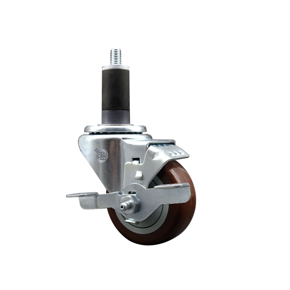 Stainless Steel Polyurethane Expanding Stem Swivel Caster with 3 Inch Maroon Wheel and 1-1/4" Stem & Top Locking Brake - 300 lbs. Capacity Per Caster - Service Caster Brand — photo 1