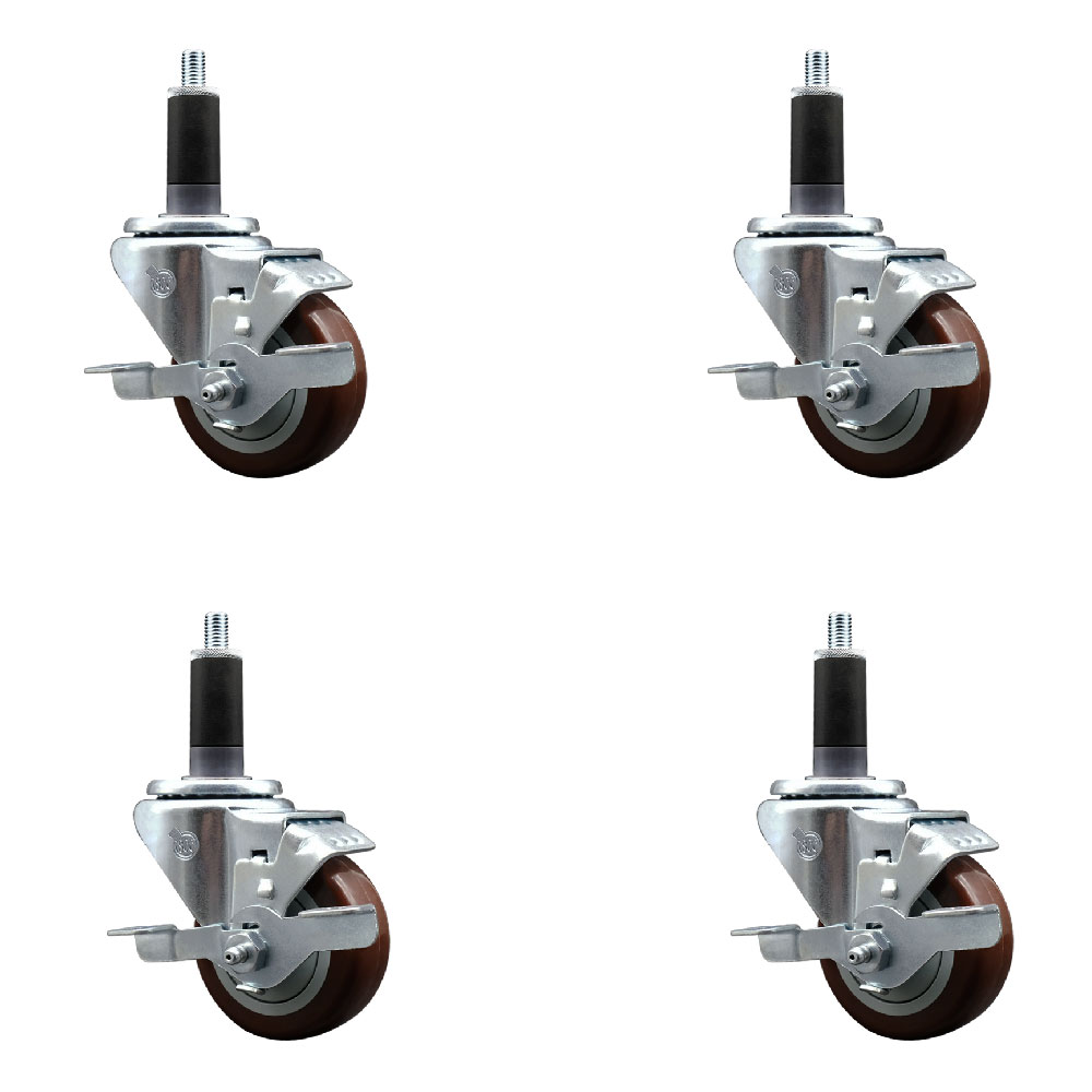 Polyurethane Swivel Expanding Stem Caster Set of 4 with 3 Inch Maroon Wheels and 1-1/8" Stems - Includes 4 Swivel with Top Locking Brakes - 300 lbs. Capacity Per Caster - Service Caster Brand — photo 1