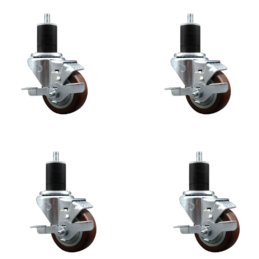 Stainless Steel Polyurethane Swivel Expanding Stem Caster Set of 4 with 3 Inch Maroon Wheels and 1-3/4" Stems - 4 Swivel with Top Locking Brakes - 300 lbs. Capacity Per Caster - Service Caster Brand — photo 1