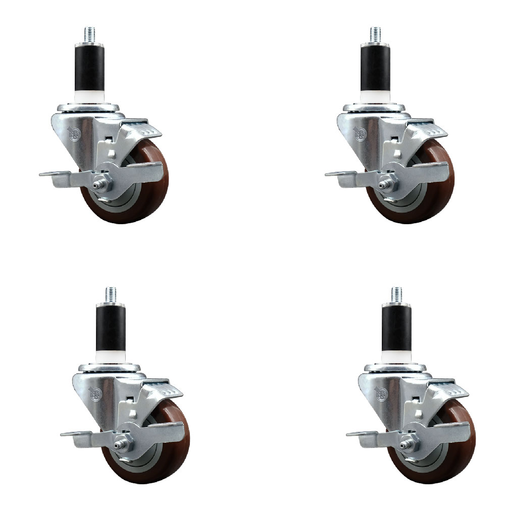Stainless Steel Polyurethane Swivel Expanding Stem Caster Set of 4 with 3 Inch Maroon Wheels and 1-3/8" Stems - 4 Swivel with Top Locking Brakes - 300 lbs. Capacity Per Caster - Service Caster Brand — photo 1