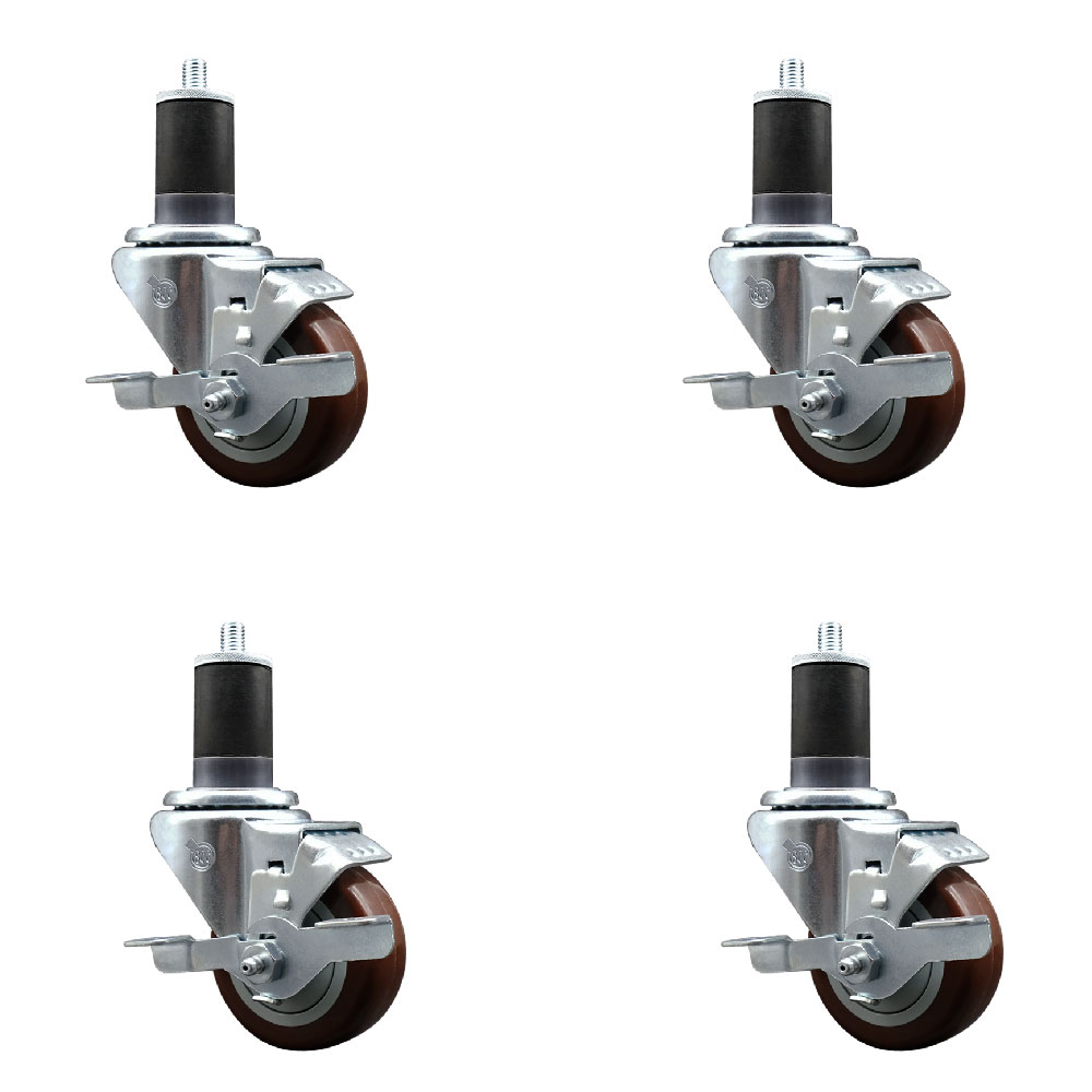 Polyurethane Swivel Expanding Stem Caster Set of 4 with 3 Inch Maroon Wheels and 1-5/8" Stems - Includes 4 Swivel with Top Locking Brakes - 300 lbs. Capacity Per Caster - Service Caster Brand — photo 1