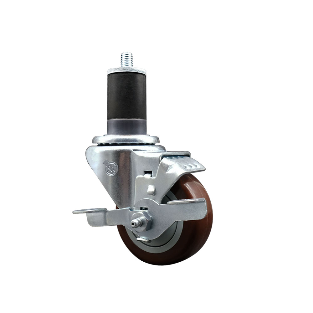 Stainless Steel Polyurethane Expanding Stem Swivel Caster with 3 Inch Maroon Wheel and 1-5/8" Stem & Top Locking Brake - 300 lbs. Capacity Per Caster - Service Caster Brand — photo 1