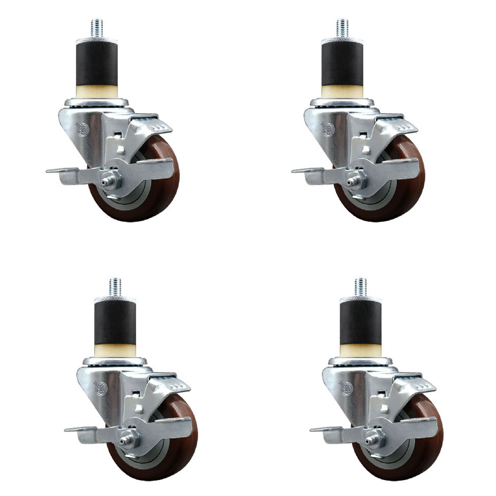 Polyurethane Swivel Expanding Stem Caster Set of 4 with 3 Inch Maroon Wheels and 1-7/8" Stems - Includes 4 Swivel with Top Locking Brakes - 300 lbs. Capacity Per Caster - Service Caster Brand — photo 1