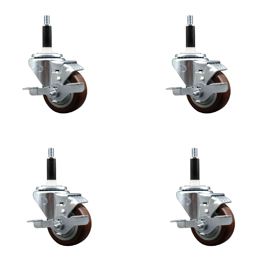 Stainless Steel Polyurethane Swivel Expanding Stem Caster Set of 4 with 3 Inch Maroon Wheels and 3/4" Stems - 4 Swivel with Top Locking Brakes - 300 lbs. Capacity Per Caster - Service Caster Brand — photo 1