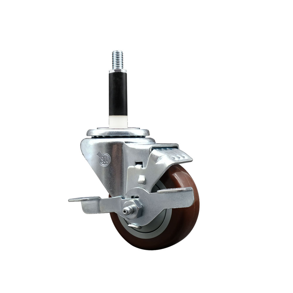 Stainless Steel Polyurethane Expanding Stem Swivel Caster with 3 Inch Maroon Wheel and 3/4" Stem & Top Locking Brake - 300 lbs. Capacity Per Caster - Service Caster Brand — photo 1