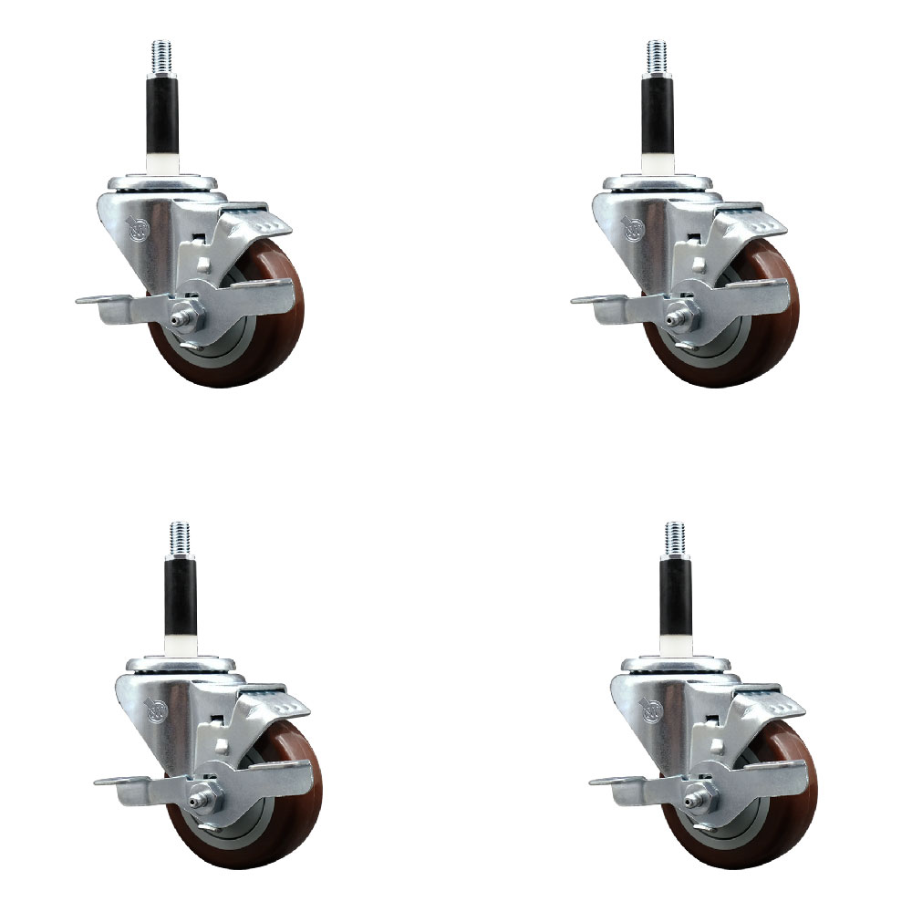 Stainless Steel Polyurethane Swivel Expanding Stem Caster Set of 4 with 3 Inch Maroon Wheels and 7/8" Stems - 4 Swivel with Top Locking Brakes - 300 lbs. Capacity Per Caster - Service Caster Brand — photo 1