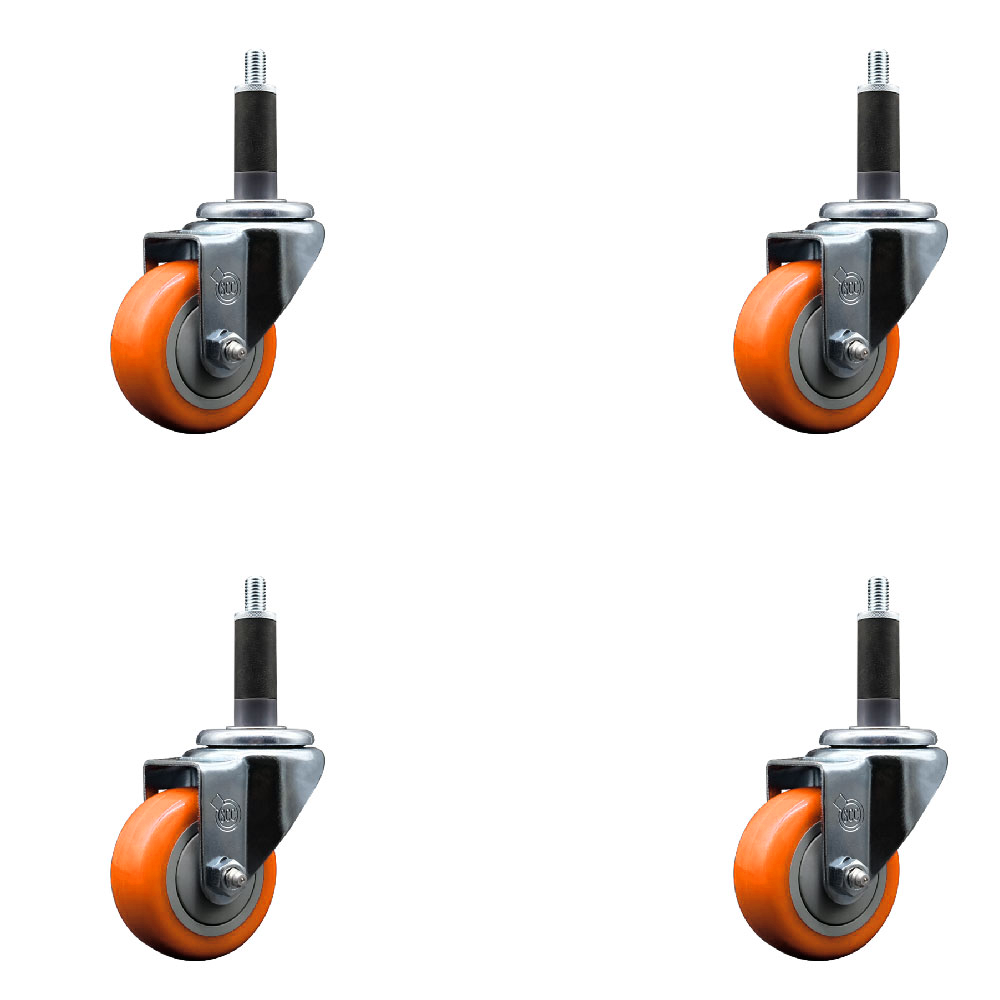 Polyurethane Swivel Expanding Stem Caster Set of 4 with 3 Inch Orange Wheels and 1" Stems - 300 lbs. Capacity Per Caster - Service Caster Brand — photo 1