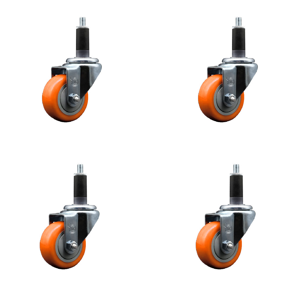 Polyurethane Swivel Expanding Stem Caster Set of 4 with 3 Inch Orange Wheels and 1-1/8" Stems - 300 lbs. Capacity Per Caster - Service Caster Brand — photo 1