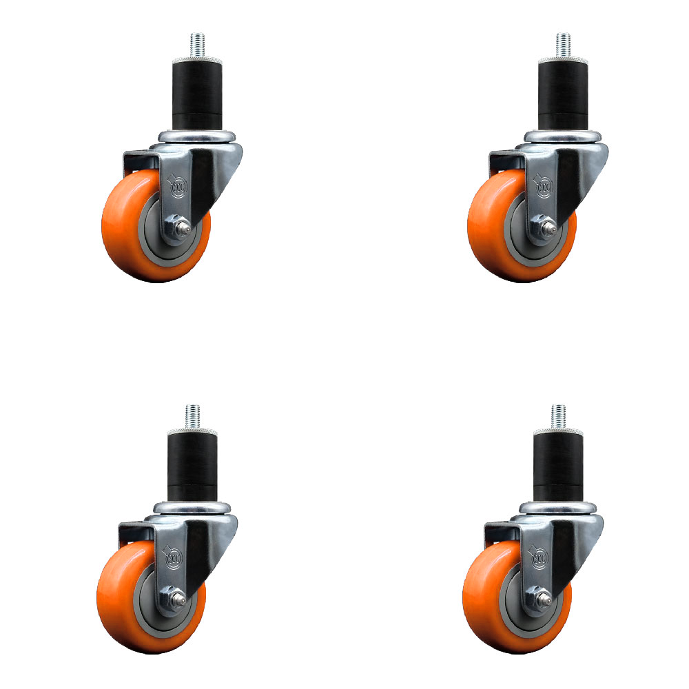 Stainless Steel Polyurethane Swivel Expanding Stem Caster Set of 4 with 3 Inch Orange Wheels and 1-3/4" Stems - Includes 4 Swivel - 300 lbs. Capacity Per Caster - Service Caster Brand — photo 1