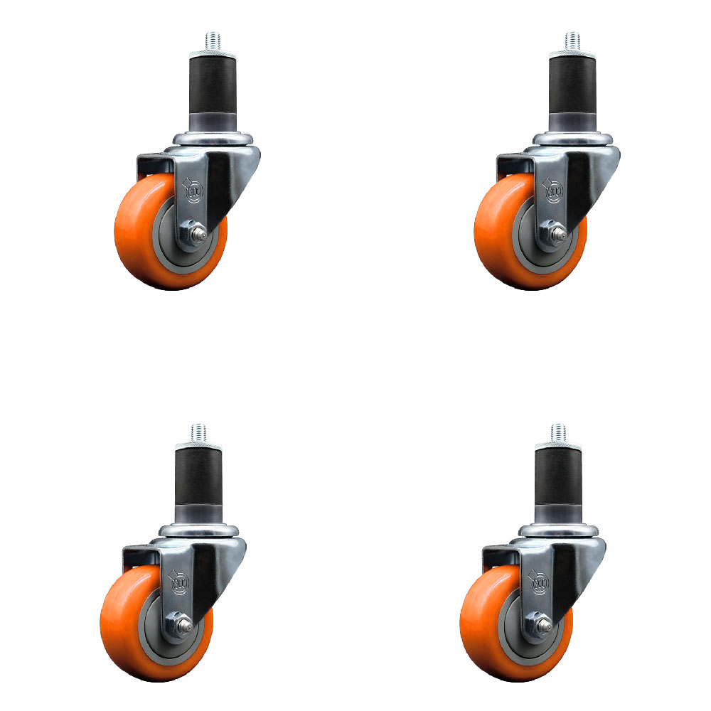 Stainless Steel Polyurethane Swivel Expanding Stem Caster Set of 4 with 3 Inch Orange Wheels and 1-5/8" Stems - Includes 4 Swivel - 300 lbs. Capacity Per Caster - Service Caster Brand — photo 1