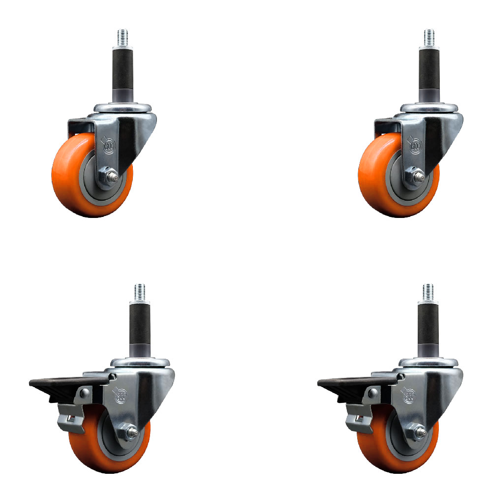 Polyurethane Swivel Expanding Stem Caster Set of 4 with 3 Inch Orange Wheels and 1" Stems - Includes 2 with Posi Locking Brakes - 1200 lbs Total Capacity - Service Caster Brand — photo 1