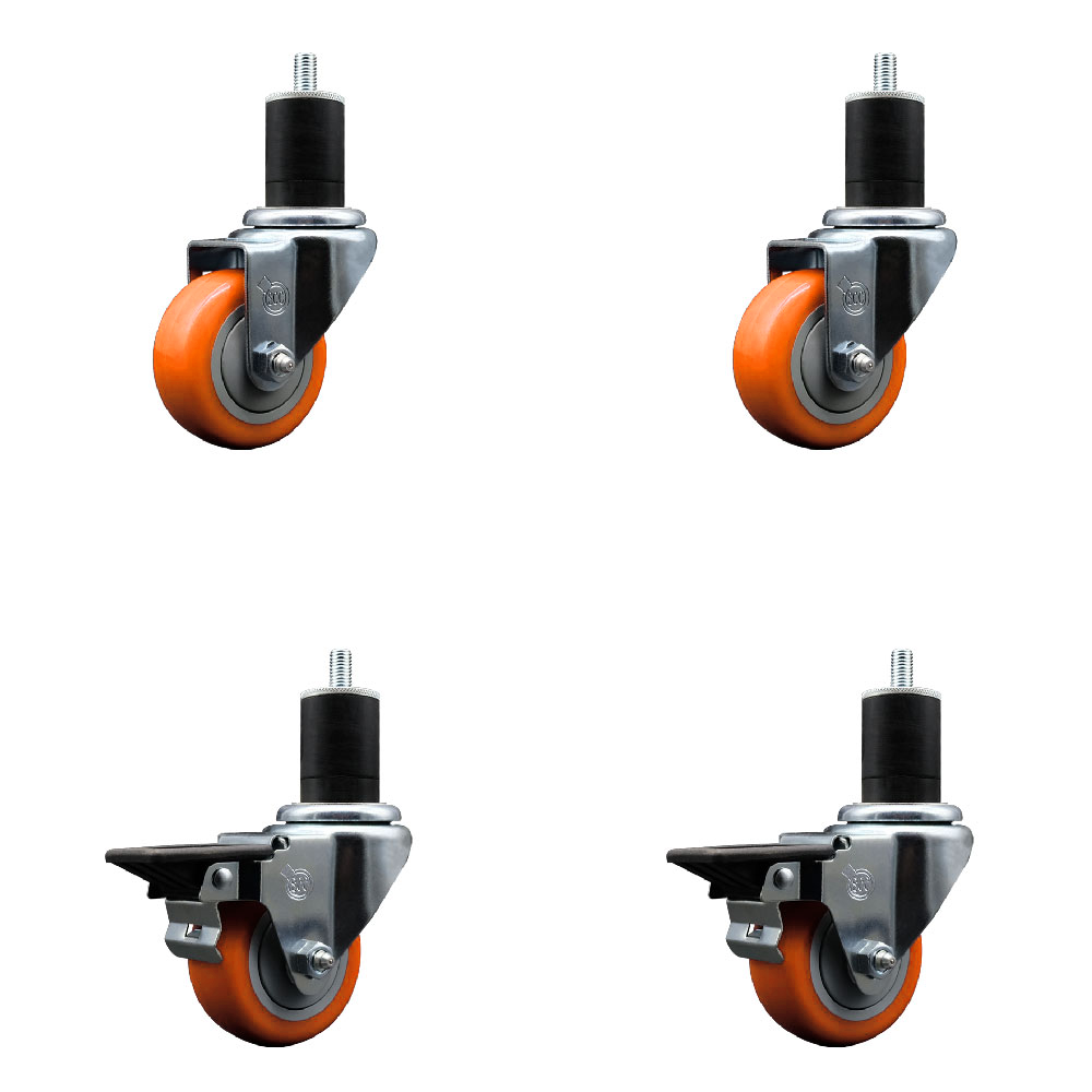 Polyurethane Swivel Expanding Stem Caster Set of 4 with 3 Inch Orange Wheels and 1-3/4" Stems - Includes 2 with Posi Locking Brakes - 1200 lbs Total Capacity - Service Caster Brand — photo 1